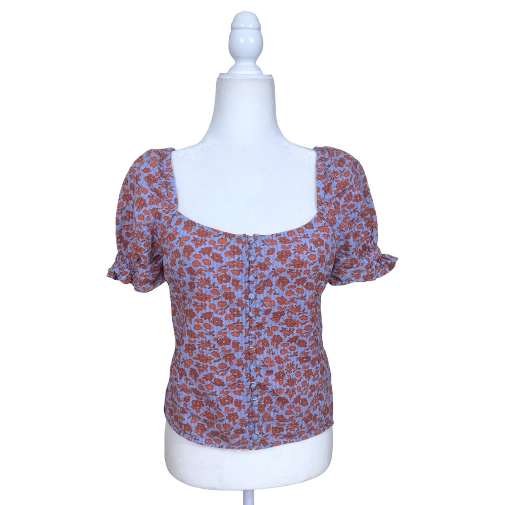 Madewell Floral Puff Sleeve Smocked Back Top Blue Red Size 0